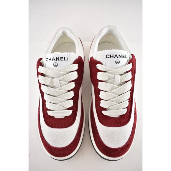 Chanel 23P Burgundy Suede White CC Logo Flat Lace Up Runner Trainer Sneaker 37 - Picture 10 of 15